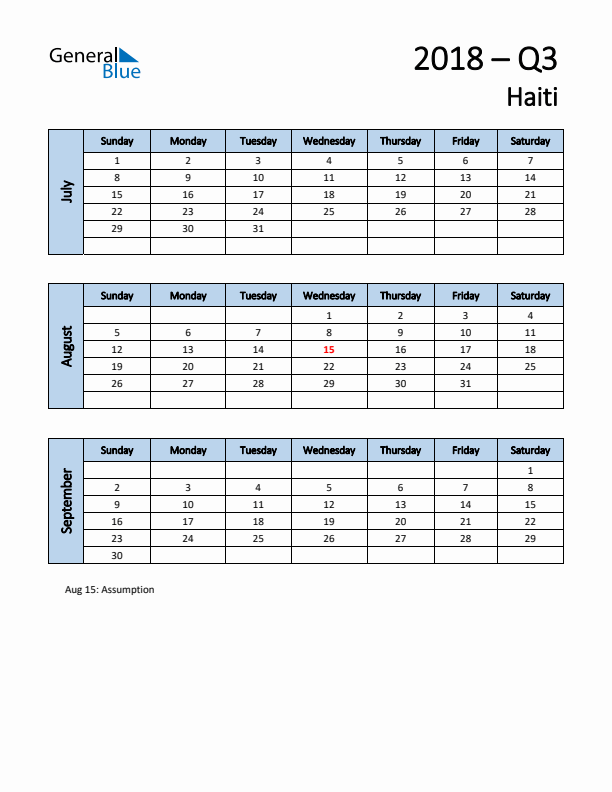 Free Q3 2018 Calendar for Haiti - Sunday Start