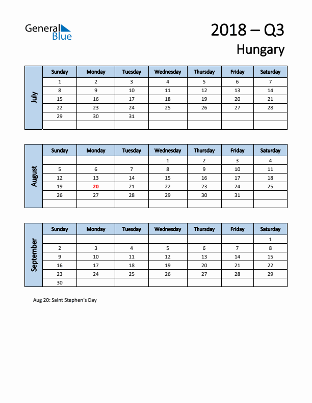 Free Q3 2018 Calendar for Hungary - Sunday Start