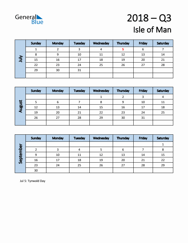 Free Q3 2018 Calendar for Isle of Man - Sunday Start