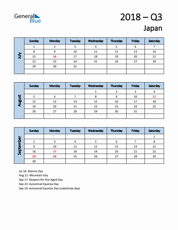 Free Q3 2018 Calendar for Japan - Sunday Start