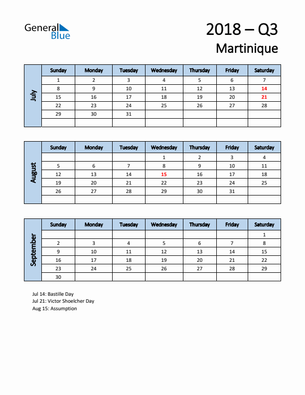 Free Q3 2018 Calendar for Martinique - Sunday Start