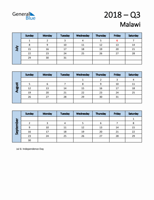 Free Q3 2018 Calendar for Malawi - Sunday Start