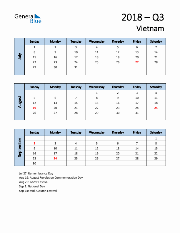 Free Q3 2018 Calendar for Vietnam - Sunday Start