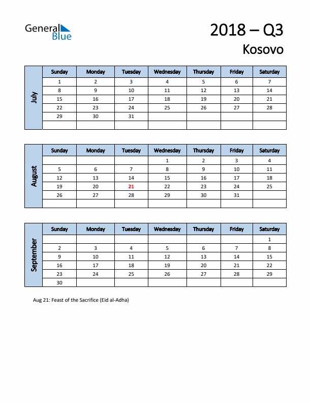 Free Q3 2018 Calendar for Kosovo - Sunday Start