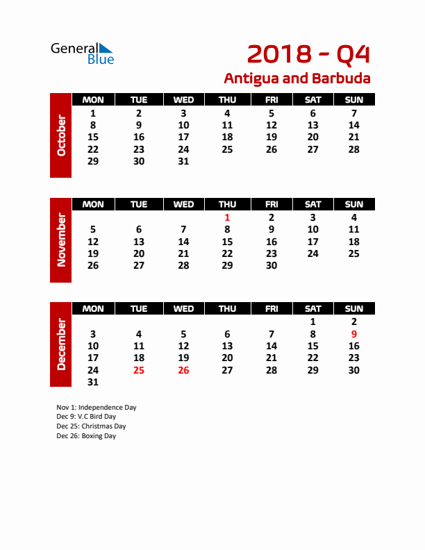 Q4 2018 Calendar with Holidays in Antigua and Barbuda