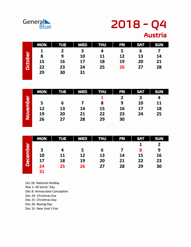 Q4 2018 Calendar with Holidays in Austria