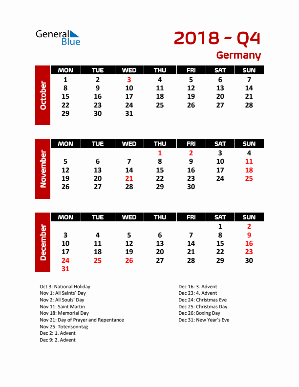 Q4 2018 Calendar with Holidays in Germany