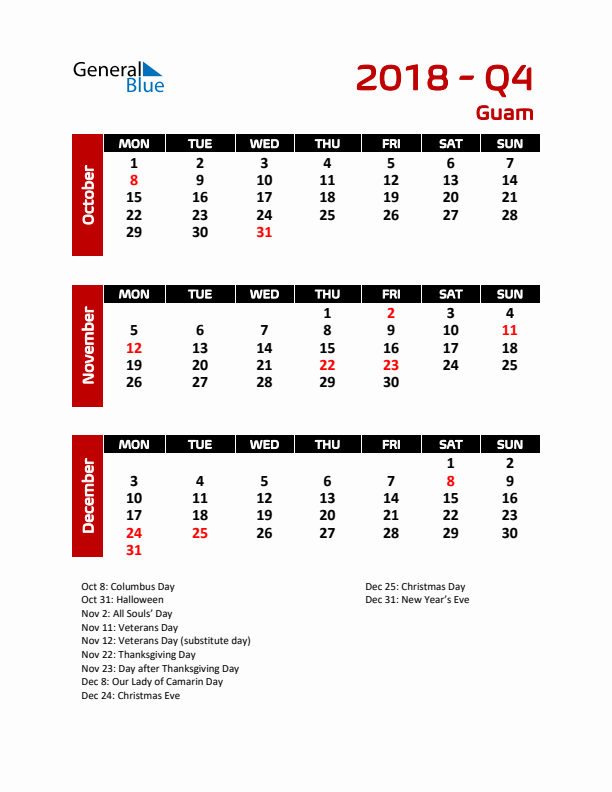 Q4 2018 Calendar with Holidays in Guam