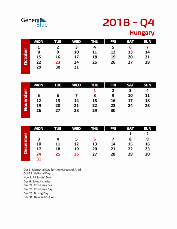 Q4 2018 Calendar with Holidays in Hungary