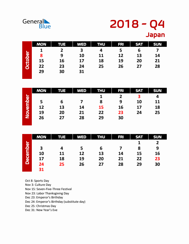 Q4 2018 Calendar with Holidays in Japan