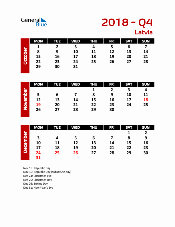 Q4 2018 Calendar with Holidays in Latvia