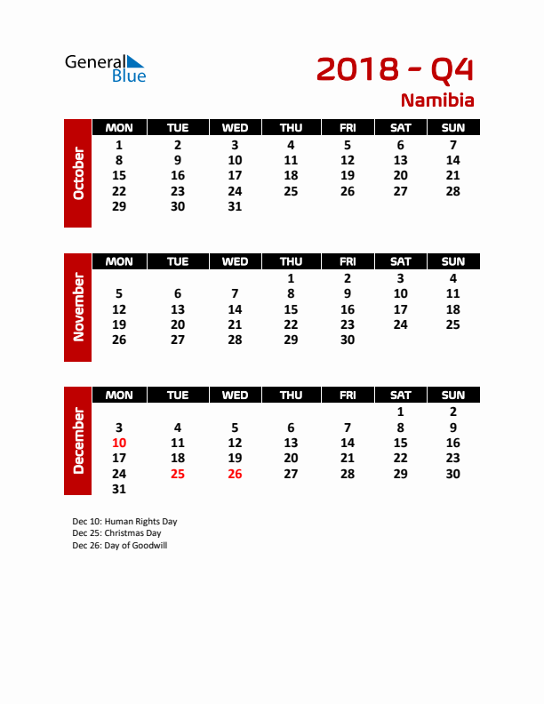 Q4 2018 Calendar with Holidays in Namibia