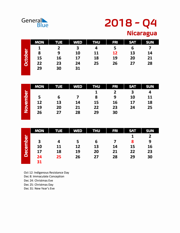 Q4 2018 Calendar with Holidays in Nicaragua