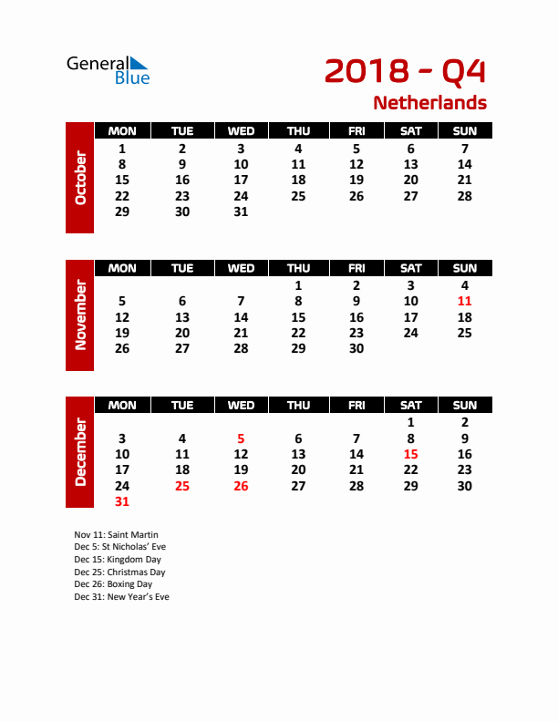 Q4 2018 Calendar with Holidays in The Netherlands