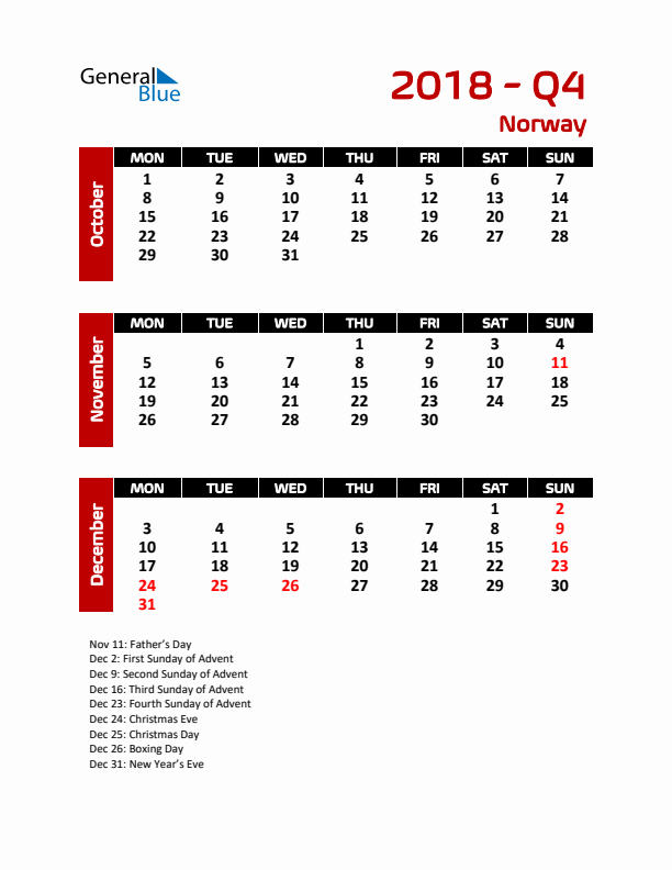 Q4 2018 Calendar with Holidays in Norway