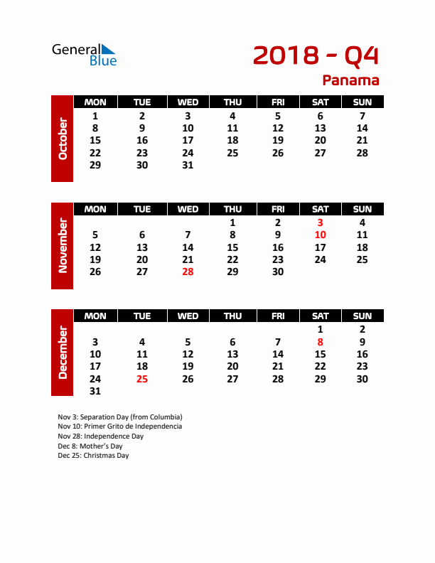 Q4 2018 Calendar with Holidays in Panama