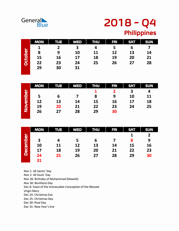 Q4 2018 Calendar with Holidays in Philippines