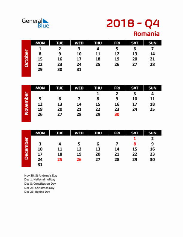 Q4 2018 Calendar with Holidays in Romania