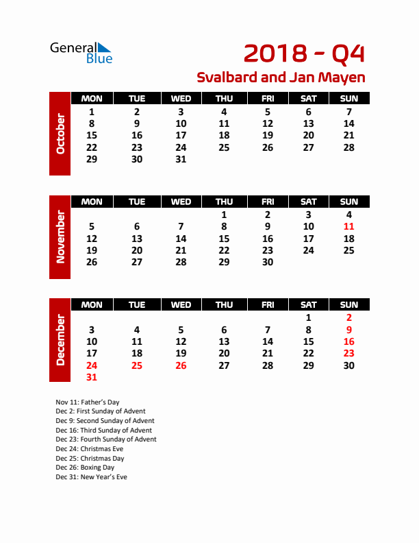 Q4 2018 Calendar with Holidays in Svalbard and Jan Mayen