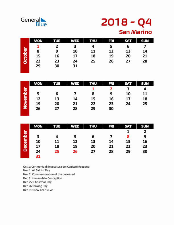 Q4 2018 Calendar with Holidays in San Marino