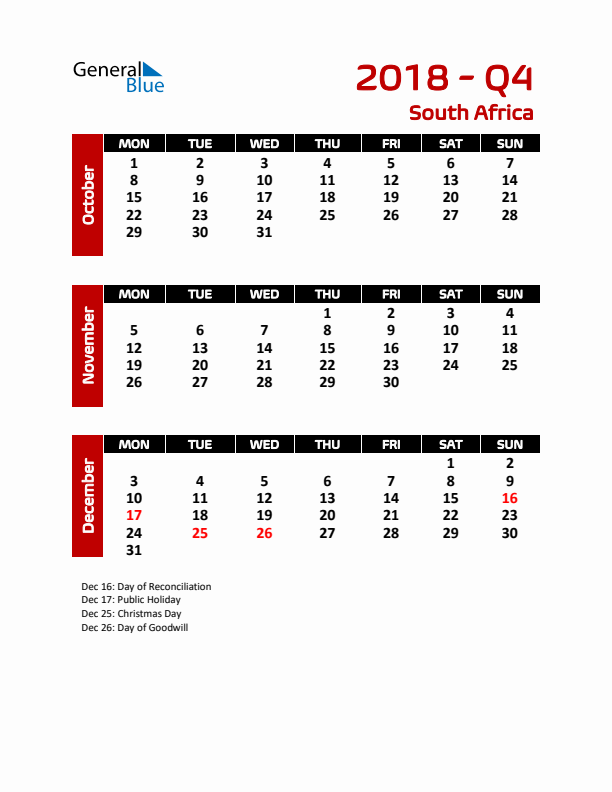 Q4 2018 Calendar with Holidays in South Africa