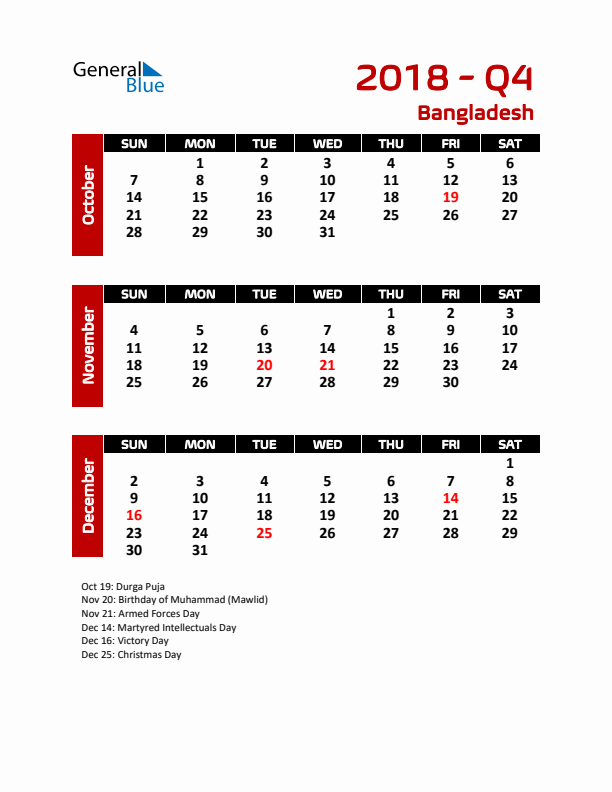 Q4 2018 Calendar with Holidays in Bangladesh