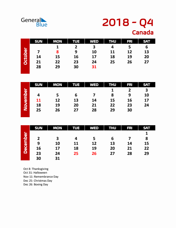 Q4 2018 Calendar with Holidays in Canada