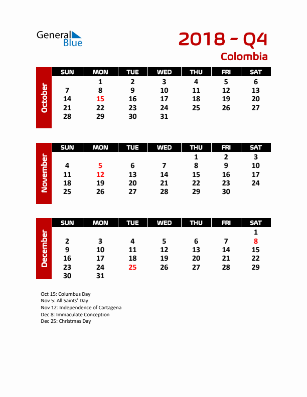 Q4 2018 Calendar with Holidays in Colombia