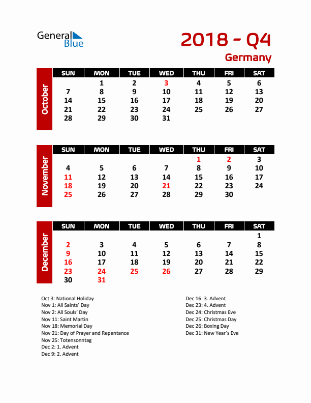 Q4 2018 Calendar with Holidays in Germany