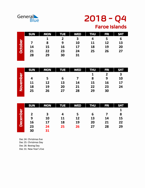 Q4 2018 Calendar with Holidays in Faroe Islands