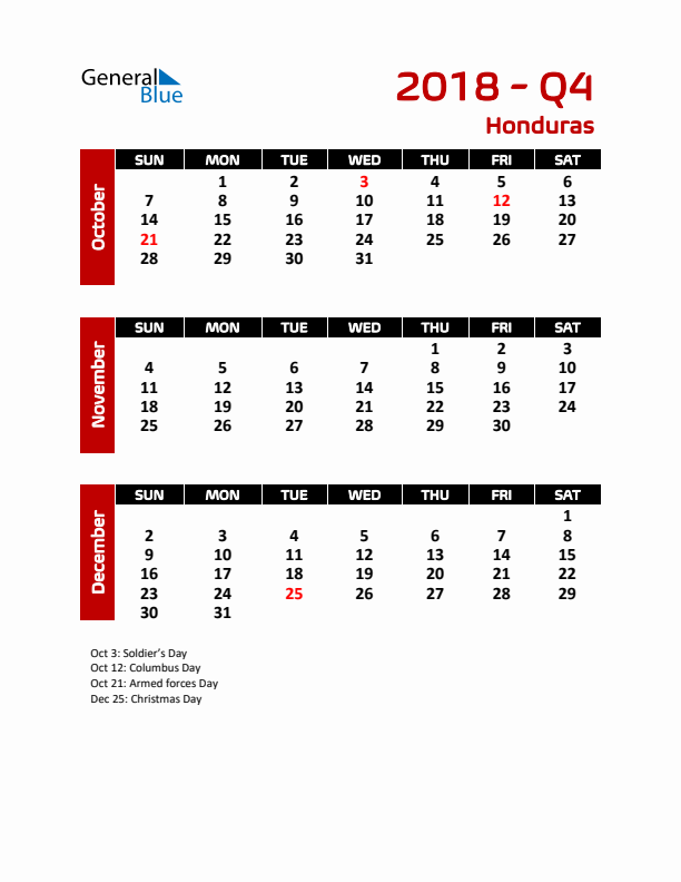 Q4 2018 Calendar with Holidays in Honduras