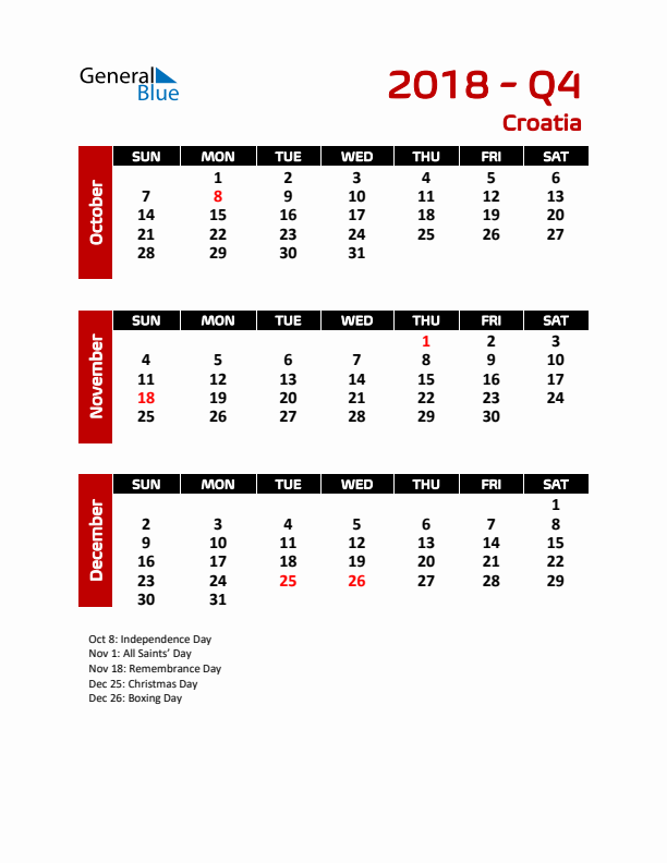 Q4 2018 Calendar with Holidays in Croatia