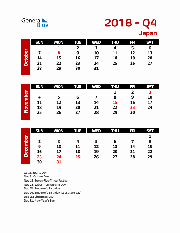 Q4 2018 Calendar with Holidays in Japan