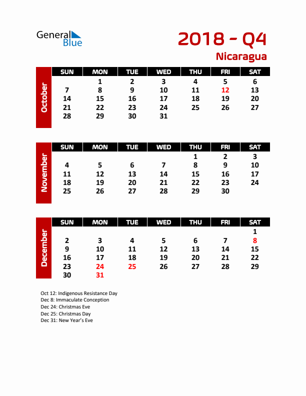 Q4 2018 Calendar with Holidays in Nicaragua