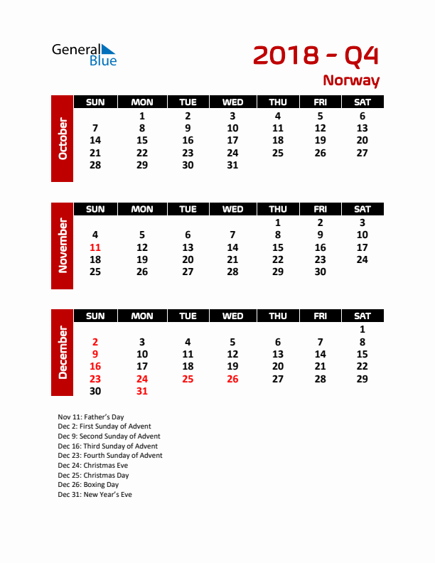 Q4 2018 Calendar with Holidays in Norway