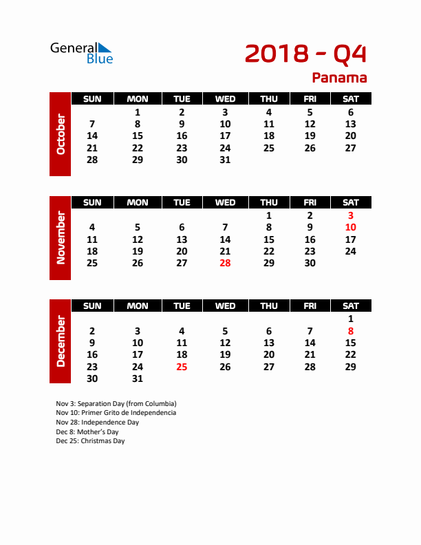 Q4 2018 Calendar with Holidays in Panama