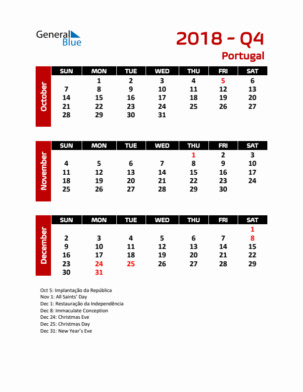 Q4 2018 Calendar with Holidays in Portugal