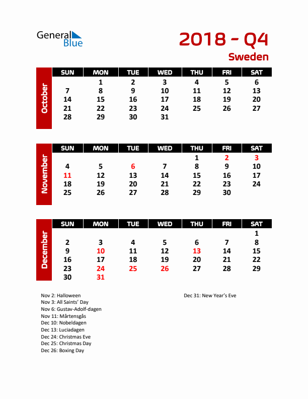 Q4 2018 Calendar with Holidays in Sweden