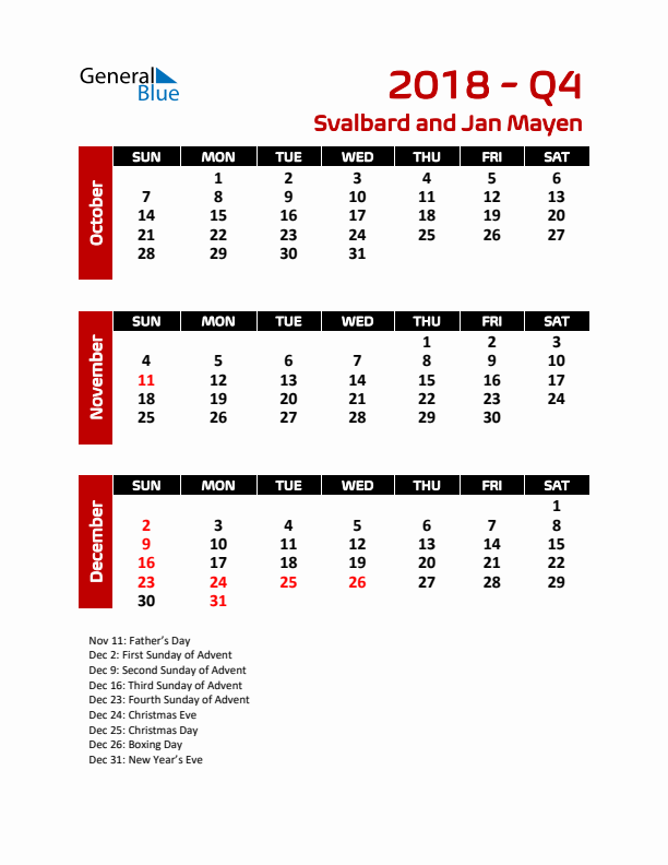 Q4 2018 Calendar with Holidays in Svalbard and Jan Mayen