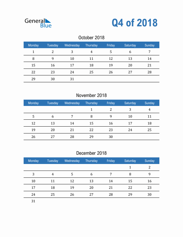 Fillable Quarterly Calendar for Q4 2018