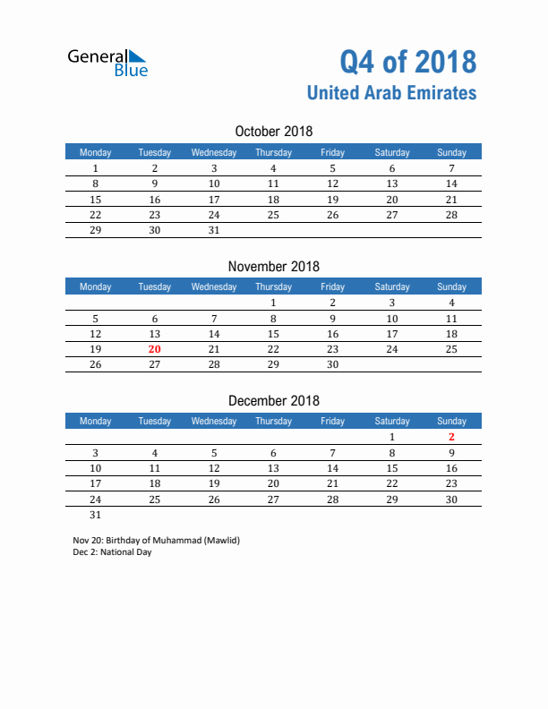 United Arab Emirates Q4 2018 Quarterly Calendar with Monday Start