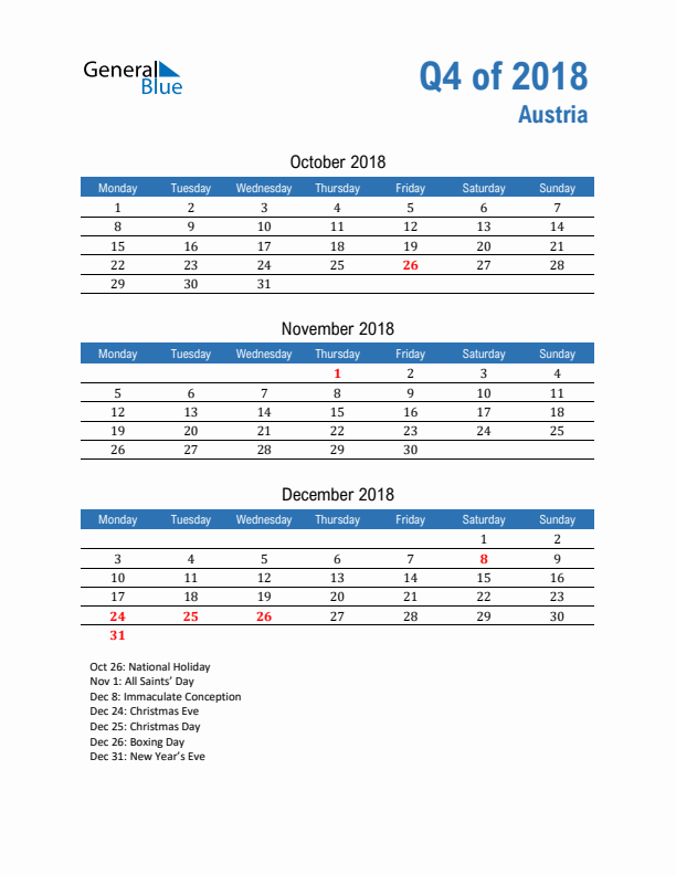 Austria Q4 2018 Quarterly Calendar with Monday Start