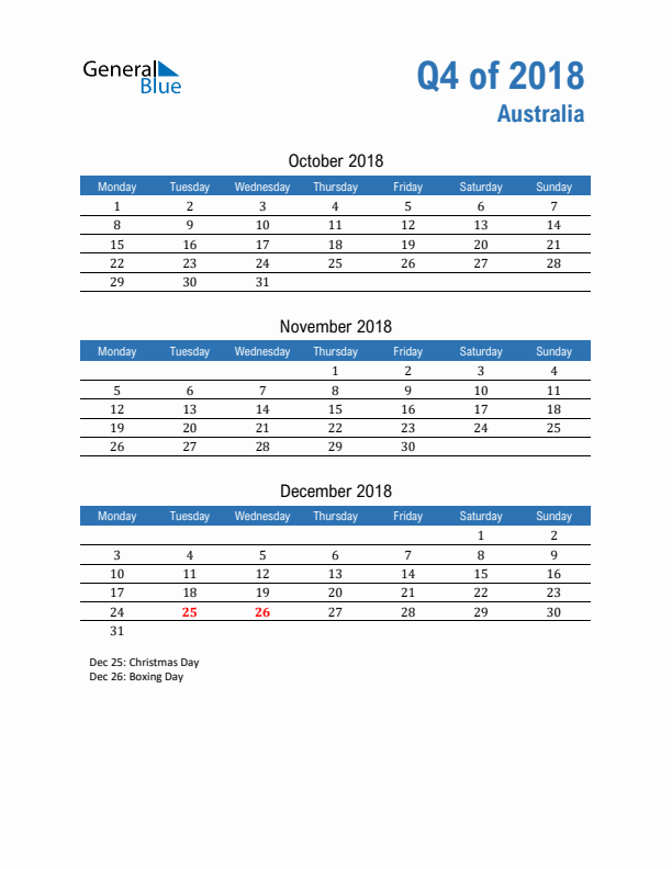 Australia Q4 2018 Quarterly Calendar with Monday Start