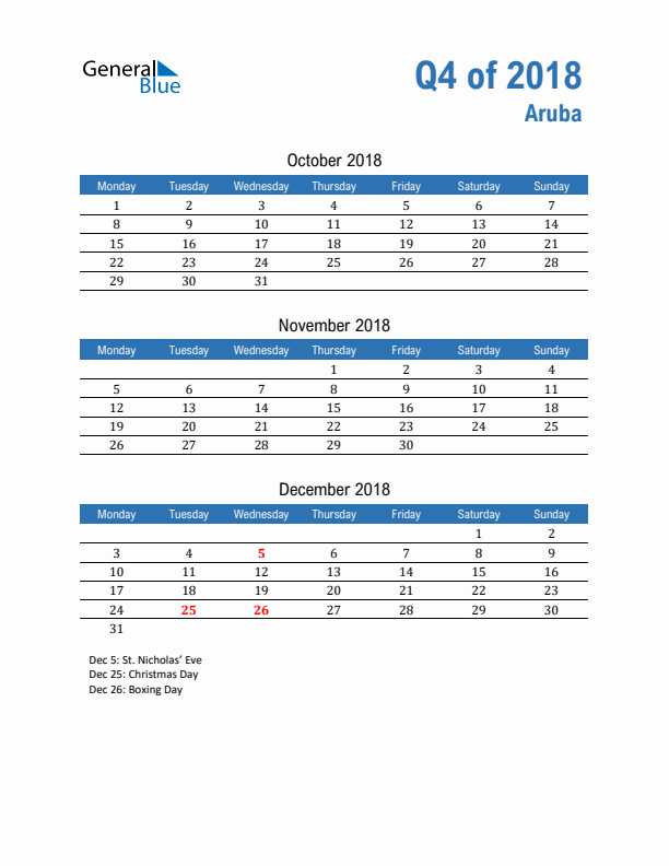 Aruba Q4 2018 Quarterly Calendar with Monday Start