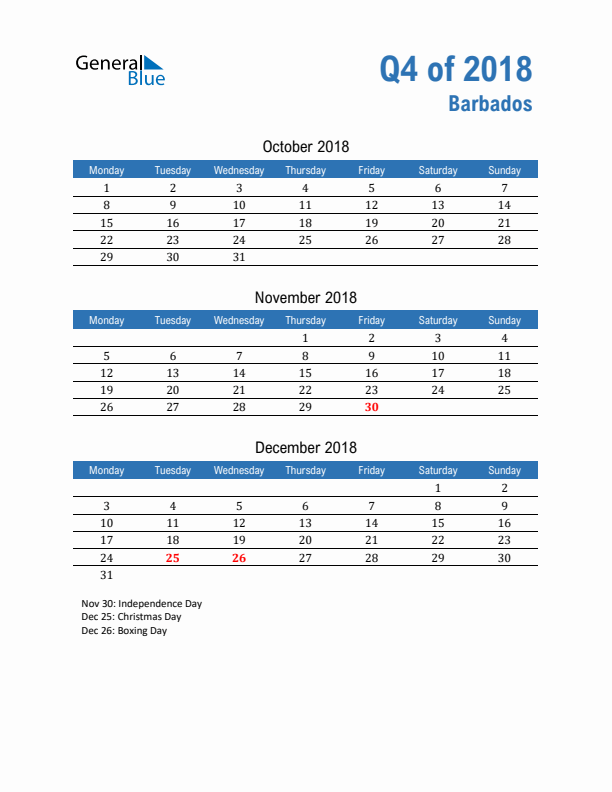 Barbados Q4 2018 Quarterly Calendar with Monday Start