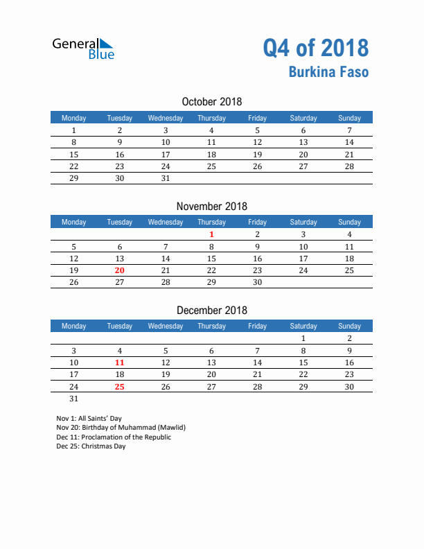 Burkina Faso Q4 2018 Quarterly Calendar with Monday Start