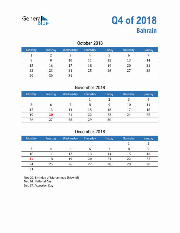 Bahrain Q4 2018 Quarterly Calendar with Monday Start