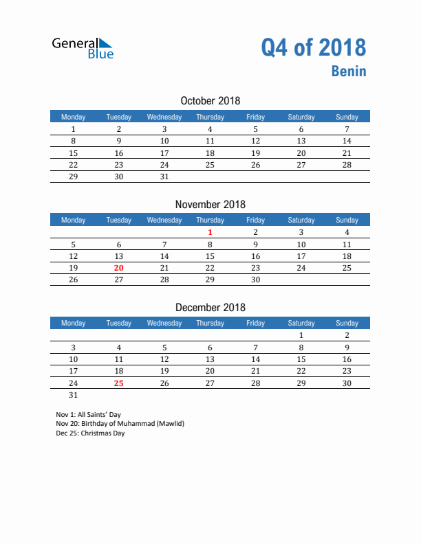 Benin Q4 2018 Quarterly Calendar with Monday Start