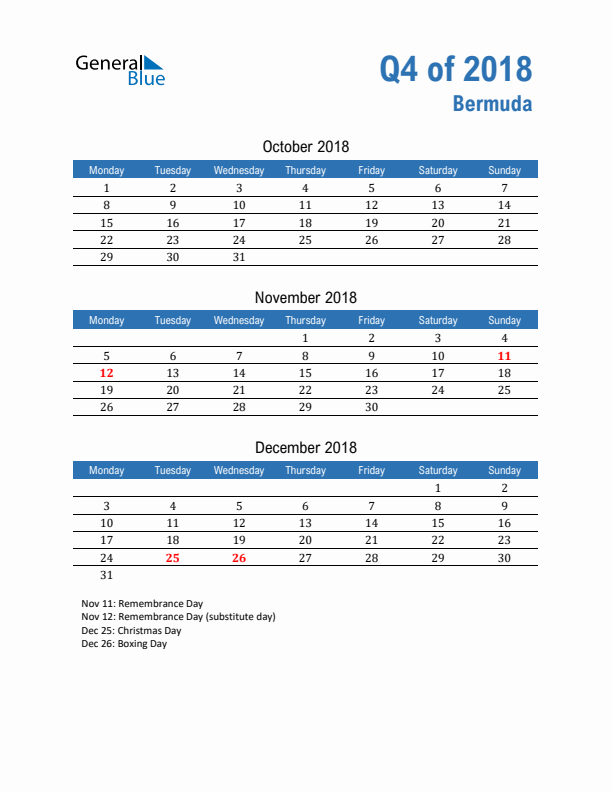 Bermuda Q4 2018 Quarterly Calendar with Monday Start