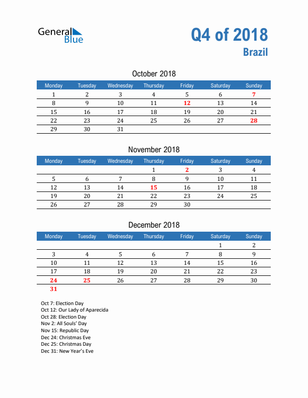 Brazil Q4 2018 Quarterly Calendar with Monday Start